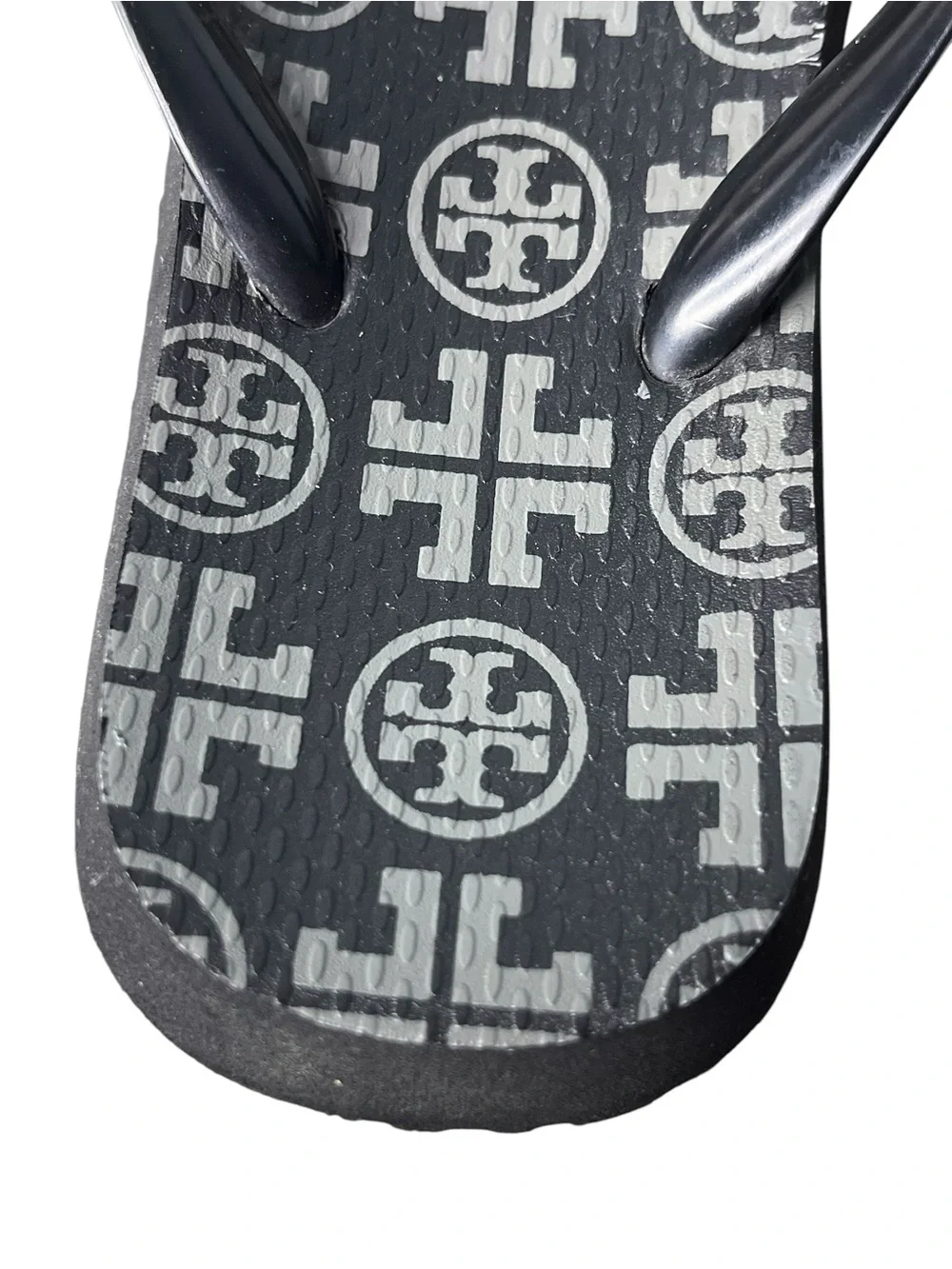Tory Burch Black Gray Monogram Double T Medallion Thong Flip Flop